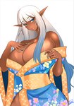 asian_clothing big_breasts breasts cleavage clothed clothing dark_body dark_skin east_asian_clothing female huge_breasts japanese_clothing kimono not_furry solo luvon elf humanoid hi_res