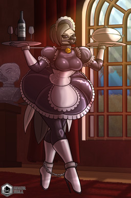 anthro ball_gag bdsm black_eyes bondage bound clothing container cup drinking_glass female gag glass glass_container glass_cup latex maid_uniform solo uniform wine_bottle wine_glass creator_world_(artist) avian bird owl hi_res