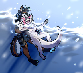 animal_genitalia anthro balls breasts claws duo fangs female fur genitals male male/female open_mouth paws penis penis_tip sheath small_fangs sun teeth tickling water wave danji-isthmus caim_(chu-tora) canid canine canis domestic_dog mammal mustelid otter shikoku_ken spitz digital_drawing_(artwork) digital_media_(artwork) hi_res