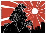 angry anthro back_spikes breasts city city_background claws crossgender fangs featureless_breasts featureless_crotch female light light_beam red_background simple_background solo spiked_tail spikes spikes_(anatomy) sunbeam sunlight tail teeth white_line_art sr_empanada godzilla_(series) toho godzilla kaiju scalie 4:3 colored_line_art