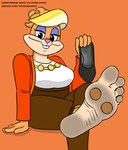 4_toes anthro barefoot blonde_hair buckteeth clothed clothing dirty dirty_feet feet female foot_fetish foot_focus fur hair humanoid_feet looking_at_viewer orange_body orange_fur pawpads plantigrade shoes_removed soles teeth text toes mrchasecomix looney_tunes the_looney_tunes_show warner_brothers patricia_bunny lagomorph leporid mammal rabbit hi_res url