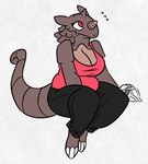 anthro belly big_belly big_breasts black_bottomwear black_clothing black_pants bottomwear breasts brown_body cleavage clothed clothing emanata facial_horn fangs female horn non-mammal_breasts nose_horn pants pink_clothing pink_shirt pink_topwear pokemorph red_eyes shirt simple_background sitting sleeveless_shirt slightly_chubby slightly_chubby_anthro slightly_chubby_female smile solo tail teeth thick_tail thick_thighs topwear white_background wide_hips nerdyreindeer nintendo pokemon generation_1_pokemon pokemon_(species) rhydon 2022