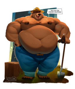 anthro barefoot belly belly_overhang big_belly big_moobs big_nipples blue_bottomwear blue_clothing blue_jeans blue_pants bodily_fluids bottomwear brown_body brown_fur clothing denim denim_bottomwear denim_clothing feet front_view fur headgear headwear jeans male moobs musclegut muscular nipples obese obese_male outside overweight overweight_anthro overweight_male pants plant shovel solo sweat talking_to_viewer text tools tree tree_trunk tigertimeworks united_states_forest_service smokey_bear bear mammal absurd_res digital_media_(artwork) english_text hi_res