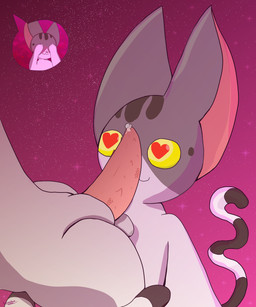 anthro balls blush bodily_fluids duo female genital_fluids genitals heart_eyes heart_symbol kazoomi male male/female male/male penile_spines penis penis_on_face precum tail bernabus domestic_cat felid feline felis mammal 5:6 absurd_res hi_res