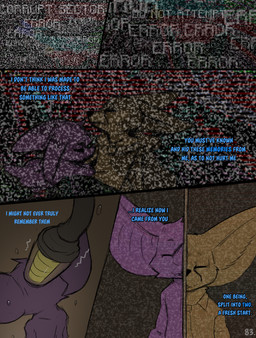accessory big_ears blue_text clothed clothing comic_panel corruption dialogue error_message eyes_closed machine necktie partially_clothed text conditional_dnp dacad nemo_(dacad) zipper_(dacad) bat canid canine fox mammal comic english_text hi_res restricted_palette