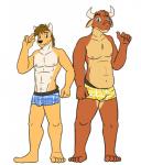 anthro blue_clothing blue_underwear bulge clothed clothing duo horn male navel nipples simple_background topless underwear white_background yellow_clothing yellow_underwear fuze texnatsu mond_reyes ty_conrad bovid bovine canid canine canis cattle coyote mammal absurd_res hi_res