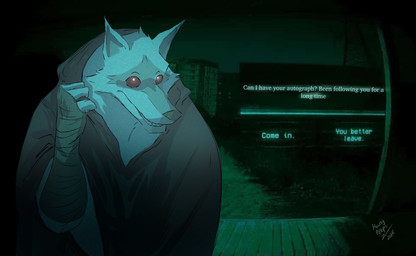 anthro arm_wrapping arm_wraps cheek_tuft cloak clothed clothing creepy creepy_face dialogue dialogue_box doorbell_camera ears_up facial_markings facial_tuft fully_clothed fur fuzzy grey_body grey_fur grin hand_wrapping hand_wraps hands_wrapped head_markings head_tuft looking_at_viewer male markings mask_(marking) night night_vision outside pointy_ears poncho porch prick_ears pupils red_eyes smile smirk solo text tuft white_pupils wrapped_arms wraps howdypeepos dreamworks no_i'm_not_a_human puss_in_boots_(franchise) death_(puss_in_boots) canid canine canis mammal wolf 2025 english_text hi_res meme signature