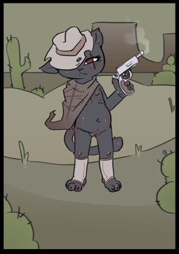 aged_down anthro black_body black_border black_ears black_fur black_nose black_tail border brown_cloak brown_clothing brown_eyes brown_hat brown_headwear brown_nipples cactus cloak clothing cowboy_hat crossgender desert eye_scar facial_scar female fur genitals grey_clothing grey_hat grey_headwear gun gun_smoke handgun hat hat_over_eye headgear headwear holding_gun holding_handgun holding_object holding_ranged_weapon holding_revolver holding_weapon mountain multicolored_cloak multicolored_clothing nipples plant ranged_weapon revolver scar smoke solo standing tail two_tone_cloak two_tone_clothing two_tone_hat vulva weapon young young_anthro young_female crowskull mewgenics zodiac_(mewgenics) domestic_cat felid feline felis mammal 2026 absurd_res digital_media_(artwork) hi_res