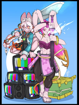 duo female hair magic magic_user melee_weapon pink_hair sword video_game_reference weapon simpleesteban gunfire_reborn mihoyo zenless_zone_zero tao_(gunfire_reborn) zhao_(zenless_zone_zero) lagomorph leporid mammal rabbit 3:4 digital_drawing_(artwork) digital_media_(artwork) hi_res