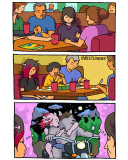 3_panel_comic accessory blank_expression bottomwear bow_ribbon clothing duo eyes_closed female food group hair hair_accessory hair_bow hair_ribbon hoodie hug hugging_another hugging_from_behind humor male motorcycle muscular night plant restaurant ribbons shirt shirtless shorts sitting sleeveless_shirt smile t-shirt thought_bubble topwear tree vehicle beetlemoses mythology canid canine human mammal mythological_canine mythological_creature werecanid werecanine werecreature werewolf 2026 4:5 comic hi_res