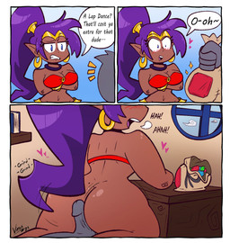 bag big_butt blue_eyes blush bottomless breasts butt cleavage clothed clothing dark_body dark_skin dialogue duo ear_piercing ear_ring erection female female_penetrated gem genitals hair heart_symbol hot_dogging humanoid_pointy_ears jewelry long_hair male male/female male_penetrating male_penetrating_female medium_breasts not_furry open_mouth penetration penis piercing pointy_ears ponytail prostitution purple_hair ring_piercing sex small_penis speech_bubble text thick_thighs topwear wide_hips virus_lewds shantae_(series) wayforward anon shantae genie humanoid mammal 2023 absurd_res comic digital_media_(artwork) english_text hi_res