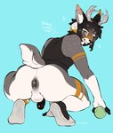 anthro antlers anus athletic athletic_male athletic_wear backsack ball balls black_anus black_hair black_nose black_penis blue_background bodily_fluids bottomless butt clothed clothing crouching dialogue ear_piercing femboy flaccid footwear fur genital_piercing genitals grey_body grey_fur grinning_at_viewer hair holding_tennis_ball horn humanoid_genitalia humanoid_penis industrial_piercing kneeling looking_at_viewer looking_back looking_back_at_viewer male multicolored_ears partially_clothed penis penis_piercing piercing presenting presenting_anus presenting_hindquarters prince_albert_piercing puffy_anus rear_view shoes simple_background sneakers solo sweat sweatdrop tennis_ball text thick_thighs white_body white_fur catzino florian_greywood cervine deer mammal new_world_deer white-tailed_deer digital_media_(artwork) english_text hi_res