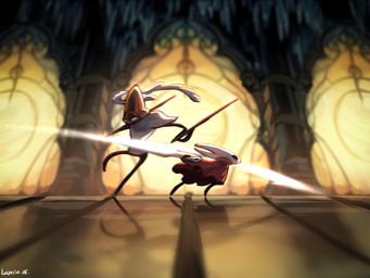 2_horns ambiguous_gender armor attack battle biped black_eyes cloak clothing duo headgear helmet holding_melee_weapon holding_object holding_weapon horn melee_weapon pose red_cloak red_clothing text weapon white_eyes white_text lucaniamc hollow_knight:_silksong hollow_knight_(franchise) team_cherry hornet_(hollow_knight) second_sentinel arthropod 4:3 english_text signature female_(lore)