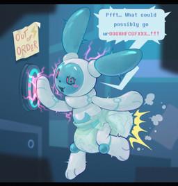 3_fingers 3_toes ambiguous_gender anthro blue_body blue_ears blush blush_lines clothed clothing color_coded_text detailed_background diaper diaper_only electricity ellipsis emphatic_ellipsis feces feet fingers floating lightning_bolt machine multicolored_body open_mouth open_smile out_of_order pointy_speech_bubble pooping post-it_note pushbutton screen screen_face smile soiled_diaper soiling soiling_diaper solo speech_bubble spiral spiral_eyes text toes topless two_tone_body unclean_diaper used_diaper using_diaper warning wearing_diaper white_body bubblepuppers wire_(rockington) lagomorph leporid mammal rabbit robot robot_anthro english_text hi_res letterbox