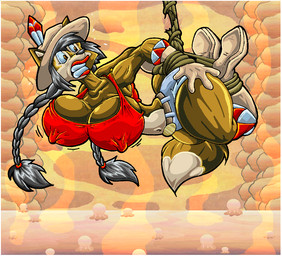 anthro belt big_breasts black_hair bodily_fluids boots bottomwear bound breasts brown_body brown_eyes brown_fur clothing crop_top female footwear fur gloves hair handwear hat headgear headwear lava lips navel nipple_outline rope shirt shoes shorts solo sweat tan_body tan_fur teeth topwear virus-20 june_coyote canid canine canis coyote mammal 2016 digital_media_(artwork)