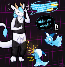 anthro balls big_balls biped blue_body blue_hair bodily_fluids bottomwear bottomwear_down clothed clothing cough covering covering_mouth dialogue earbuds electronics eyes_closed facial_markings feet female foreskin fur genital_fluids genitals group hair half-erect head_markings headphones highlights_(coloring) horn humanoid_genitalia humanoid_penis listening_to_music looking_at_another lyrics markings musical_note musical_symbol oblivious pants pants_down partially_clothed peeing peeing_into_water peeing_on_another peeing_on_face penis shirt simple_background singing speech_bubble steam surprised symbol tank_top topwear trio urine urine_on_face urine_stream water watersports white_body wide_eyed pincoosh deltarune mythology undertale_(series) languedoc darkner dragon elemental_creature furred_dragon furred_scalie mizzle_(deltarune) mythological_creature mythological_scalie scalie water_creature hi_res