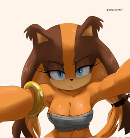 anthro armlet big_breasts blue_eyes breasts clothing collarbone eyelashes female glistening glistening_breasts huge_breasts orange_body solo topwear tube_top soranygyart sega sonic_boom sonic_the_hedgehog_(series) sticks_the_jungle_badger badger mammal mustelid musteline hi_res