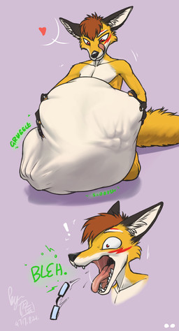4_fingers abdominal_bulge after_vore ambiguous_gender ambiguous_prey anthro anthro_pred belly big_belly biped black_claws black_ears black_nose bodily_fluids bodily_noises brown_hair burping burping_up_glasses burping_up_object cheek_tuft claws close-up countershade_torso countershading death different_sound_effects digestion discarded_object dripping duo exclamation_point extended_sound_effect eyebrows eyewear facial_tuft fangs fatal fatal_vore fingers fluffy fluffy_tail front_view fur fur_tuft glasses green_text grey_text hair half-closed_eyes hand_on_belly heart_reaction heart_symbol holding_belly huge_belly hyper hyper_belly inner_ear_fluff kneeling licking licking_lips licking_own_lips looking_down male male_focus male_pred motion_lines mouth_shot multicolored_body multicolored_fur narrowed_eyes nude number onomatopoeia open_mouth oral_vore purple_background red_eyes rumbling_stomach saliva saliva_drip saliva_string same_size_vore self_lick short_hair simple_background slorsh slosh sloshing_belly solo_focus sound_effect_variant sound_effects surprised tail tan_tongue teeth text three-quarter_view tongue tongue_out tuft vore white_body white_claws white_countershading white_eyebrows white_fur wide_eyed yellow_body yellow_fur lunlunfox lunlunfox_(character) canid canine fox mammal 2020 bust_portrait comic dated digital_drawing_(artwork) digital_media_(artwork) hi_res multiple_scenes portrait signature watermark