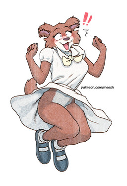 5_fingers anthro black_nose blush bottomwear breasts brown_body brown_fur clothed clothing dress embarrassed exclamation_point female fingers footwear fur humanoid_hands jumping navel no_underwear open_mouth raised_bottomwear raised_clothing raised_skirt shoes skirt socks solo text tongue upskirt white_clothing white_footwear white_socks meesh beastars juno_(beastars) canid canine canis mammal northwestern_wolf wolf 2023 hi_res url