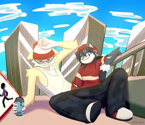 anthro beverage_can black_body black_bottomwear black_clothing black_fur black_hair black_pants blue_eyes bottomwear building can chest_tuft city clothed clothing cloud container day duo eyewear female fingers footwear fully_clothed fur glasses grey_body grey_fur grin hair hat headgear headwear heterochromia holding_object long_hair looking_at_viewer male male/female male_anthro multicolored_body multicolored_clothing multicolored_fur outside pants red_clothing red_eyes red_footwear red_hat red_headwear red_shirt red_topwear sharp_teeth shirt shoes sitting sky smile tank_top teeth text topwear tuft white_body white_clothing white_fur white_shirt white_topwear yellow_body yellow_fur neo_arts canid canine domestic_cat felid feline felis mammal absurd_res digital_media_(artwork) english_text hi_res