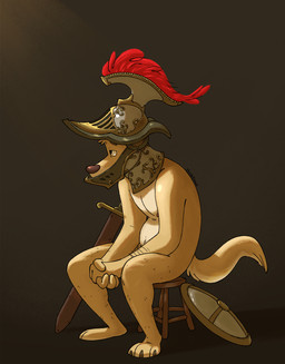 anthro areola arm_hair armor body_hair clasped_hands claws fur furniture gladiator half-closed_eyes headgear headgear_only helmet helmet_only leg_hair light light_beam male male_anthro melee_weapon narrowed_eyes navel nipples nude_anthro nude_male shield simple_background sitting solo stool sunbeam sunlight sword warrior weapon yellow_body yellow_fur nardodraws canid canine canis domestic_dog mammal 2026 hi_res signature
