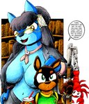 anthro big_breasts black_hair book bottomwear breasts clothed clothing container cup duo female hair male navel open_mouth speech_bubble text topwear yellow_eyes drake_fenwick lobster_jones raven_hunt canid canine canis domestic_dog mammal wolf 2007 colored english_text traditional_media_(artwork)