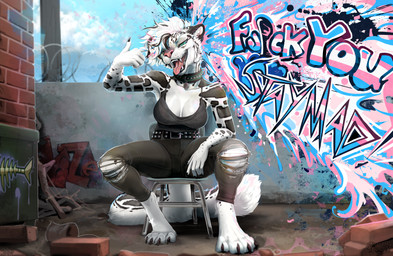 anthro biped bottomwear breasts claws clothed clothed_anthro clothed_female clothing feet female fingers front_view fully_clothed fully_clothed_anthro fully_clothed_female fur hair inside looking_at_viewer pants sitting smile solo spots teeth toes tongue topwear sepiaflux felid feline mammal 2026 digital_drawing_(artwork) digital_media_(artwork) hi_res