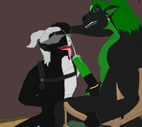 abs accessory animal_genitalia animal_penis anthro bdsm big_penis black_body black_penis black_sclera blindfold bodily_fluids bondage bound chair claws clothing cock_ring cum cum_on_face cum_on_penis cumshot drooling duo ear_piercing ear_ring ejaculation equine_genitalia equine_penis eye_markings eyebrow_slit eyebrows fellatio fingerless_gloves flared_penis forehead_gem furniture gem genital_fluids genitals gloves green_body green_eyes green_hair green_penis gripping_chair hair hand_on_head hands_tied handwear harness horn inside jewelry kneeling knot knotted_penis leather leather_harness long_hair looking_pleasured male male/male markings multicolored_body muscular muscular_anthro muscular_male nipple_piercing nipples nude open_mouth oral orgasm penile penis penis_accessory penis_jewelry piercing ring_piercing saliva sex sitting smile split_color_body split_color_hair teeth tongue tongue_out vein veiny_penis white_body white_hair arokhan_sirefni nakora_inferis mythology aetherus_daedal valykh dragon mythological_creature mythological_scalie scalie void_dragon absurd_res hi_res watermark