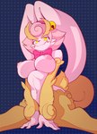 anthro areola bell big_breasts big_ears breasts female fluffy fur hair looking_at_viewer nipples nude pink_areola pink_body pink_fur pink_hair pink_nipples ribbons sitting smile solo yellow_body yellow_eyes yellow_fur backup4now tory_(backup4now) lagomorph leporid mammal rabbit absurd_res hi_res