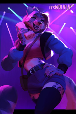 anthro bag belt bottomwear choker clothing crop_top electronics eyelashes eyeshadow female hair hand_on_hip holding_object holding_phone hotpants inside jacket jewelry legwear looking_at_viewer looking_down looking_down_at_viewer makeup midriff narrowed_eyes necklace open_mouth open_smile party phone pink_light rave sharp_teeth shirt shorts small_waist smile solo spots tail teeth thigh_highs topwear whiskers itswolven felid mammal pantherine snow_leopard 2024 dated digital_media_(artwork) hi_res watermark