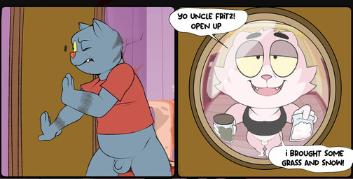 4_fingers anthro balls belly black_clothing black_eyes black_shirt black_tank_top black_topwear bottomless bottomless_anthro bottomless_male butt cheek_tuft clothed clothing cocaine curvy_figure cute_fangs digitigrade drugs duo facial_tuft fangs fingers flaccid fur genitals grey_body head_tuft male marijuana multicolored_body multicolored_fur orange_nose peephole penis pink_body pink_fur pink_nose plastic_bag red_clothing red_shirt red_topwear shirt small_penis snout speech_bubble standing striped_body stripes tail tank_top teeth text tired_eyes topwear tuft two_tone_body two_tone_fur yellow_sclera yellow_teeth conditional_dnp erobos fritz_the_cat fritz_the_cat_(character) roz_(erobos) domestic_cat felid feline felis mammal 16:9 2025 colored comic digital_media_(artwork) english_text flat_colors hi_res widescreen