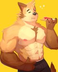 abs anthro biceps bottomwear bread breakfast clothing eyes_closed food fur jelly_(food) male muscular muscular_anthro muscular_male nipples pecs simple_background solo toast cilok canid canine canis domestic_dog mammal hi_res