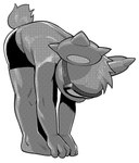 anthro barefoot black_bottomwear black_clothing black_shorts bodily_fluids bottomwear clothing eyewear feet fingers goggles hair male shorts simple_background solo stretching sweat tail wearing_goggles white_background wasp_(artist) bear mammal 2024 absurd_res greyscale hi_res monochrome