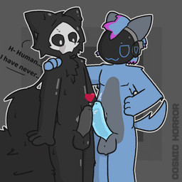 anthro big_penis bodily_fluids comparing comparing_penis duo frottage genitals hand_on_shoulder heart_symbol latex machine male male/male nervous penile penis penises_touching sex slightly_chubby sweat visor cosmic_horror_(artist) changed_(video_game) bitz_(cosmic_horror) puro_(changed) humanoid protogen 1:1 hi_res