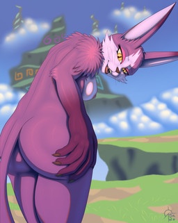 anthro breasts butt collar female fluffy_shoulders fur long_ears nipples nude orange_eyes pupils purple_body purple_fur slit_pupils solo whiskers white_body white_fur sacrificabominat .hack cyberconnect2 mia_(.hack) felid feline mammal hi_res