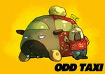 anthro bottomwear car clothing duo hat headgear headwear machine male pants shirt simple_background slightly_chubby text topwear vehicle yellow_background omoro3bot odd_taxi pui_pui_molcar hiroshi_odokawa_(odd_taxi) living_car living_machine living_vehicle mammal marine pinniped walrus 2021 hi_res japanese_text