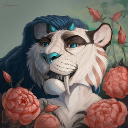anthro blue_eyes dreadlocks fangs female flower fur horn looking_at_viewer neeobra peony_(flower) plant solo teeth whitebody conditional_dnp kiras_arkaneks bigcat felid mammal prehistoric_species saber-toothed_tiger 1:1 hi_res