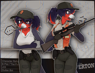 anthro beak belt belt_pouch big_breasts black_hair breasts clothing container cup feathers female gun hair holding_container holding_cup holding_gun holding_mug holding_object holding_ranged_weapon holding_rifle holding_weapon mug non-mammal_breasts park_ranger ponytail ranged_weapon rifle shirt solo tail tail_feathers tank_top thigh_gap topwear weapon wearing_hat dullanboi riley_(dullanboi) avian bird hi_res