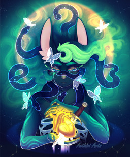 ambiguous_gender anatomical_heart anthro blood blood_drip blue_eyes bodily_fluids bone claws colored_blood constellation crystal dagger dewlap_(anatomy) dripping ethereal_hair eyelashes female finger_claws flowing_hair glowing glowing_blood gradient_background gradient_hair green_eyelashes hair halo heart_(organ) melee_weapon organs rib_cage semicolon_(punctuation) simple_background solo sparkles sparkling_hair stabbed_heart symbolism teary_eyes unusual_blood unusual_bodily_fluids wavy_hair weapon white_blood aethiriarts gold_heart ambient_arthropod ambient_butterfly ambient_insect ambient_snake lagomorph leporid mammal rabbit hi_res demigirl_(lore)
