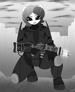 alternate_universe anthro armor biped female gun kneeling looking_at_viewer outside plasma_gun ranged_weapon solo weapon replica_(artist) fallout fallout_equestria hasbro microsoft my_little_pony fan_character earth_pony equid equine horse mammal pony crossover hi_res monochrome
