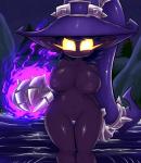 armor big_breasts breasts clothing crossgender eyelashes female gauntlets genitals gloves glowing glowing_eyes hair handwear hat headgear headwear mostly_nude nipples not_furry pussy short_stack simple_background solo witch_hat gblastman league_of_legends riot_games tencent veigar mammal yordle featureless_(disambiguation) hi_res