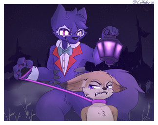angry collar duo fog forest lamp lantern leash male outside plant purple_eyes red_eyes shrub tree coffeefly canid canine canis demon fennec_fox fox mammal true_fox wolf hi_res