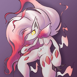 anthro areola big_hair black_claws black_eyes breasts claws eyelashes female female_anthro front_view fur genitals grey_body grey_fur hair looking_at_viewer medium_breasts nipples nude pink_areola pink_nipples pupils purple_background red_body red_fur simple_background slit_pupils solo thick_thighs vulva wide_eyed wide_hips yellow_sclera pinkupinkish nintendo pokemon generation_8_pokemon hisuian_form hisuian_zoroark pokemon_(species) regional_form_(pokemon) absurd_res hi_res