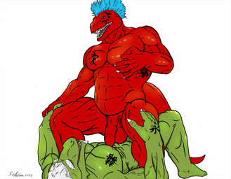 abs anal anal_penetration anthro anthro_on_anthro athletic balls biceps blue_hair claws cowgirl_position crouching duo facial_hair fangs from_front_position front_view genitals green_body green_scales hair half-erect hand_on_knee hand_on_leg lying male male/male male_on_bottom male_on_top male_penetrated male_penetrating male_penetrating_male mohawk muscular nipples nude on_back on_bottom on_top open_mouth pecs penetration penis red_body red_scales scales sex sharp_teeth simple_background straddling tattoo teeth tongue vein veiny_penis white_background white_hair sekira blackmist_squamata dinosaur prehistoric_species reptile scalie 2015 digital_media_(artwork)
