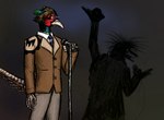 amber_eyes anthro avian_caruncle beak blue_body blue_feathers blurred_background bottomwear brown_clothing brown_hair clothing coat dewlap_(anatomy) duo ear_tuft electronics eyewear feathers gear glasses green_body green_feathers grey_bottomwear grey_clothing grey_pants hair hand_in_air male microphone necktie pants raised_tail round_glasses silhouette solo_focus standing tail tail_feathers topwear tuft wattle makaronnie lundqvist_enterprises felix_lundqvist teodor_haroldsson avian bird common_pheasant galliform phasianid phasianus digital_media_(artwork) pixel_(artwork) shaded