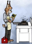 anthro blue_eyes book brown_body brown_fur cook cooking first_aid_kit fur kitchen male medical_instrument scientific_instrument solo spots tan_body tan_fur white_body white_fur ziegelzeig bad_guy_cafe arten_reichtum felid feline lynx mammal 2023