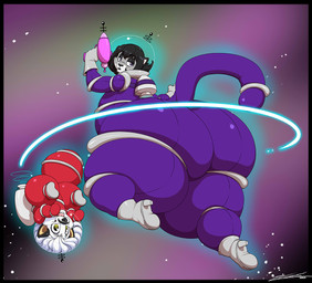 big_butt black_hair butt clothing duo footwear fur glowing grey_body grey_fur hair high_heels huge_butt huge_thighs jet_pack laser_gun male purple_eyes ranged_weapon shoes space space_helmet spacesuit thick_thighs weapon white_body white_fur white_hair yellow_eyes deonwolf deon_(deonwolf) tizz_(torcholski) canid canine canis domestic_cat felid feline felis mammal wolf 2024 digital_media_(artwork)