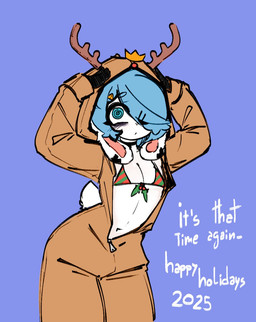 anthro antlers bikini bikini_top blue_hair clothed clothing femboy floppy_ears fur hair hair_over_eye holidays holly_(plant) hoodie horn lop_ears male onesie plant pose smile solo swimwear text tired_eyes topwear two-piece_swimsuit wave white_body white_fur probablyavv christmas avv_(probablyavv) deer lagomorph leporid mammal new_world_deer rabbit reindeer 2025 hi_res pinup