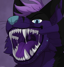 anthro bodily_fluids drooling fur male mawplay mouth_shot open_mouth purple_body purple_fur saliva sassy solo teasing tongue uvula estronate kitsunaki canid canine fox mammal 2025 hi_res portrait
