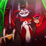 1_eye angry anthro clothing duo electronics female gesture hand_gesture hat headgear headwear male middle_finger mirror phone selfie smile solo vivzmind hazbin_hotel instagram husk_(hazbin_hotel) niffty_(hazbin_hotel) demon domestic_cat felid feline felis mammal 1:1 official_art